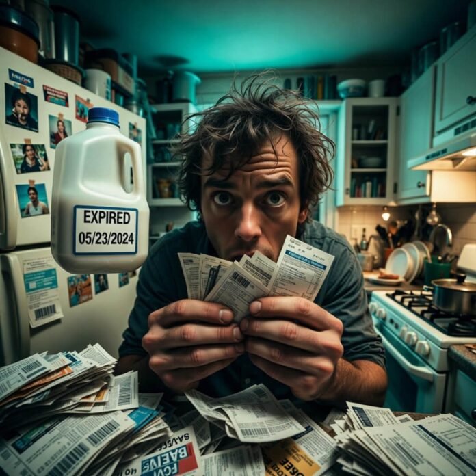 Bleary-eyed coupon frenzy in teal kitchen.