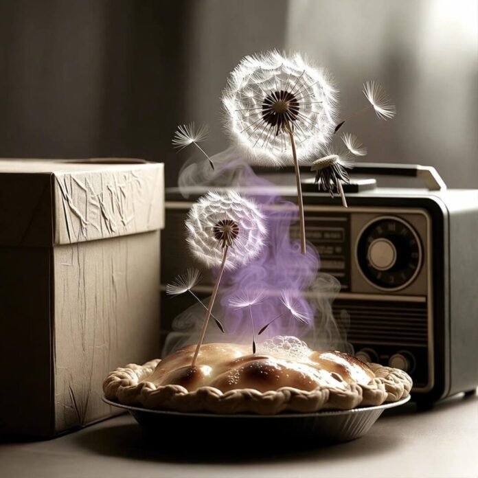 Dandelion pie steam, vintage radio, joyful ache.