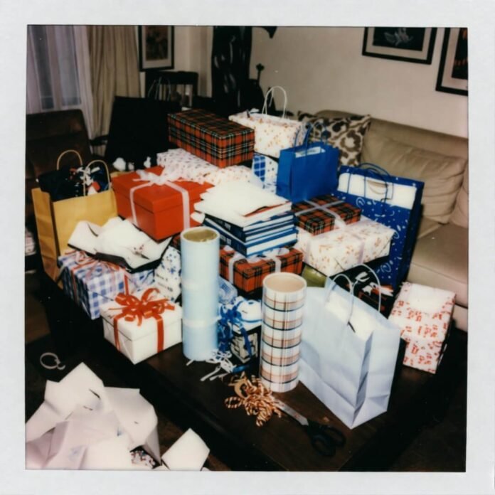 Glitchy half-unwrapped gift chaos.