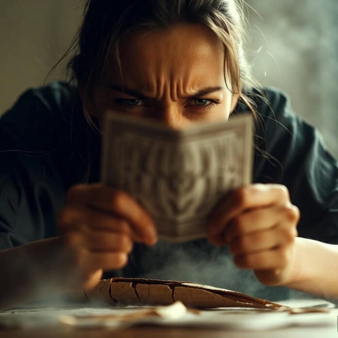 Squinting at suspicious gift card on cracked pod.