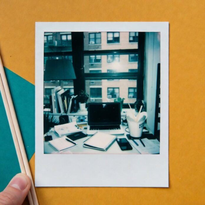 Polaroid of chaotic NYC desk.