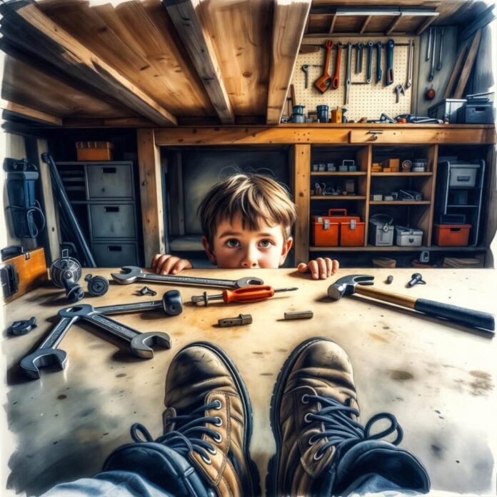 Kid spies Dad's workbench from under table.