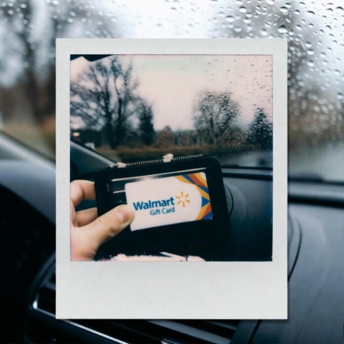 Rainy dashboard Polaroid: Walmart card in wallet.