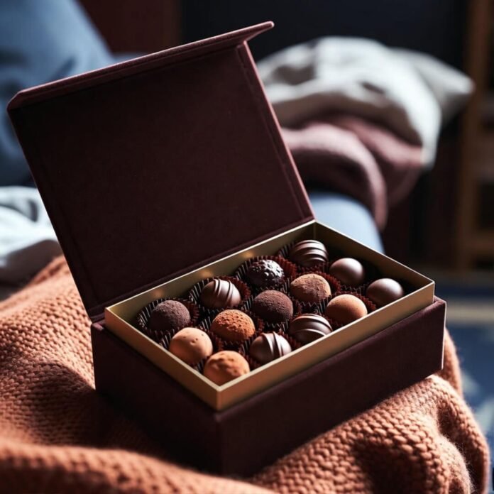 Open chocolate box on cozy blanket fort.